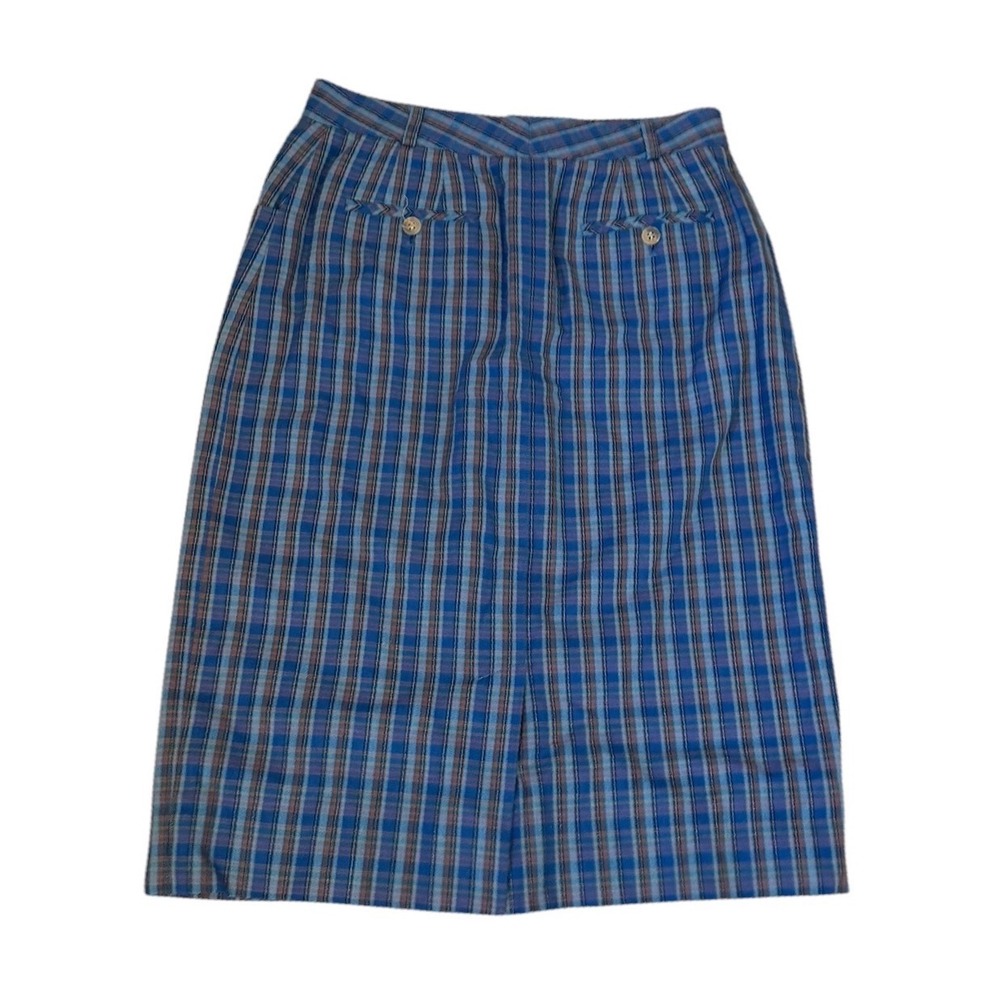 80s Liz Claiborne Vintage Blue Plaid Cotton Pencil Skirt High Waisted 8 fits S - Picture 2 of 7